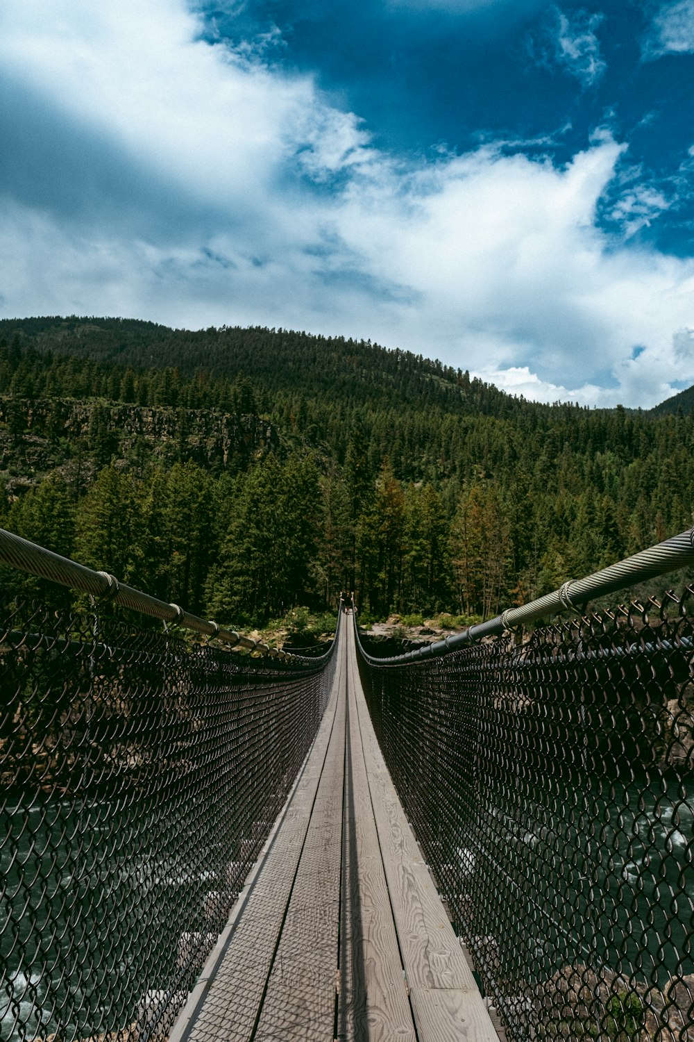 a person walking across a suspension bridge over a river