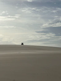 A lone male traveler driving a vintage van across golden desert sands under a clear blue sky at golden hour.