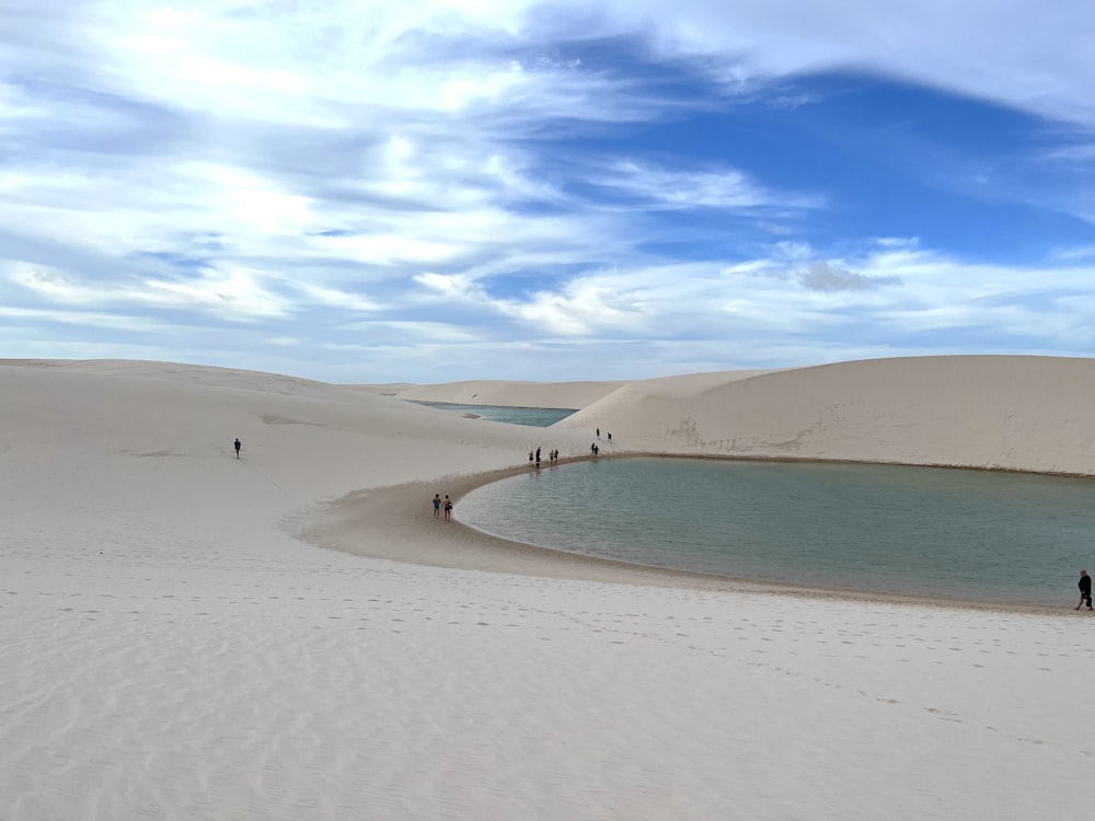 un groupe de personnes debout au sommet d’une plage de sable