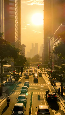A candid photo of a city street at golden hour, showing bustling urban life in warm light.