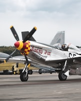 A vintage aircraft is parked on a runway, with the name 'Swamp Fox' painted on its metallic body. The plane features a propeller with a red and yellow checkered nose. In the cockpit, a pilot is sitting with one hand raised, wearing a helmet and sunglasses. The background shows another aircraft's tail and a grassy field under a cloudy sky.