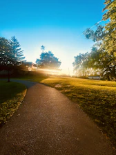 A calm outdoor scene with a path leading through a quiet park in early morning light.