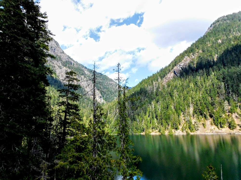 a lake surrounded by trees and mountains under a cloudy sky