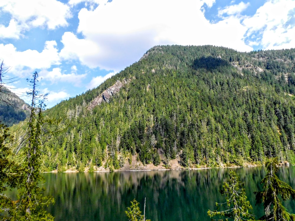 une montagne avec un lac entouré d’arbres