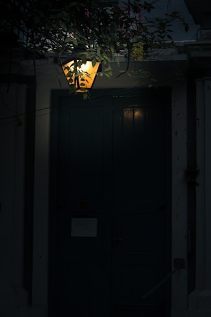 Dimly lit speakeasy entrance with vintage wooden door partially open, revealing warm light inside.