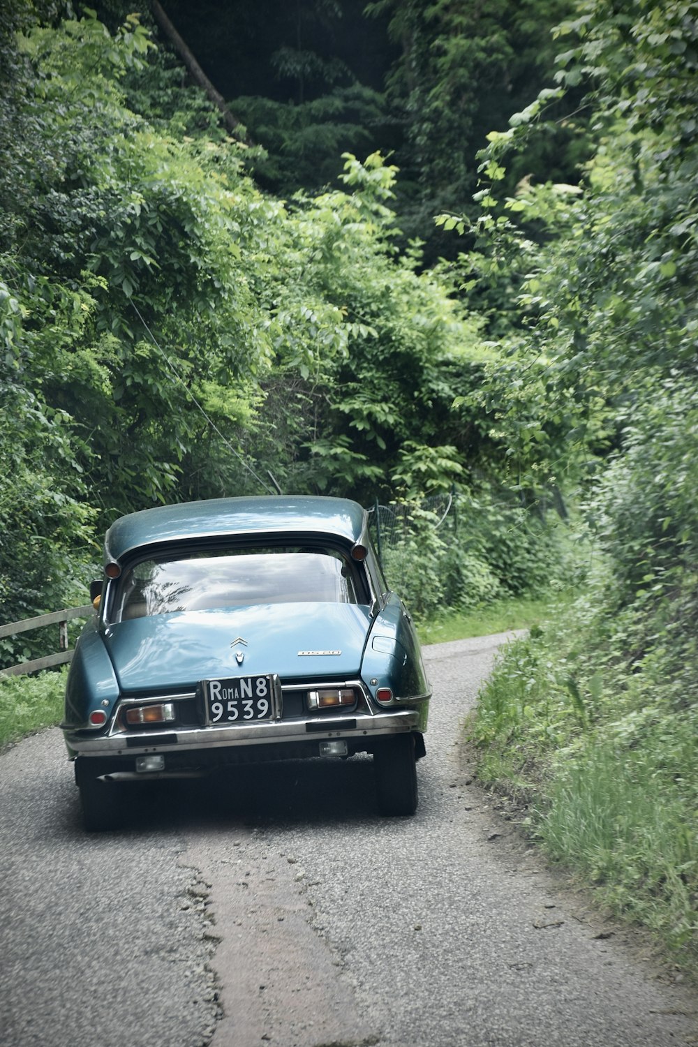 a blue car driving down a road next to a lush green forest