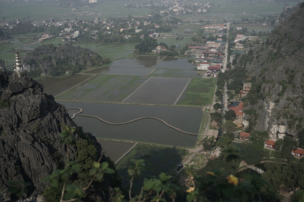 an aerial view of a river running through a valley