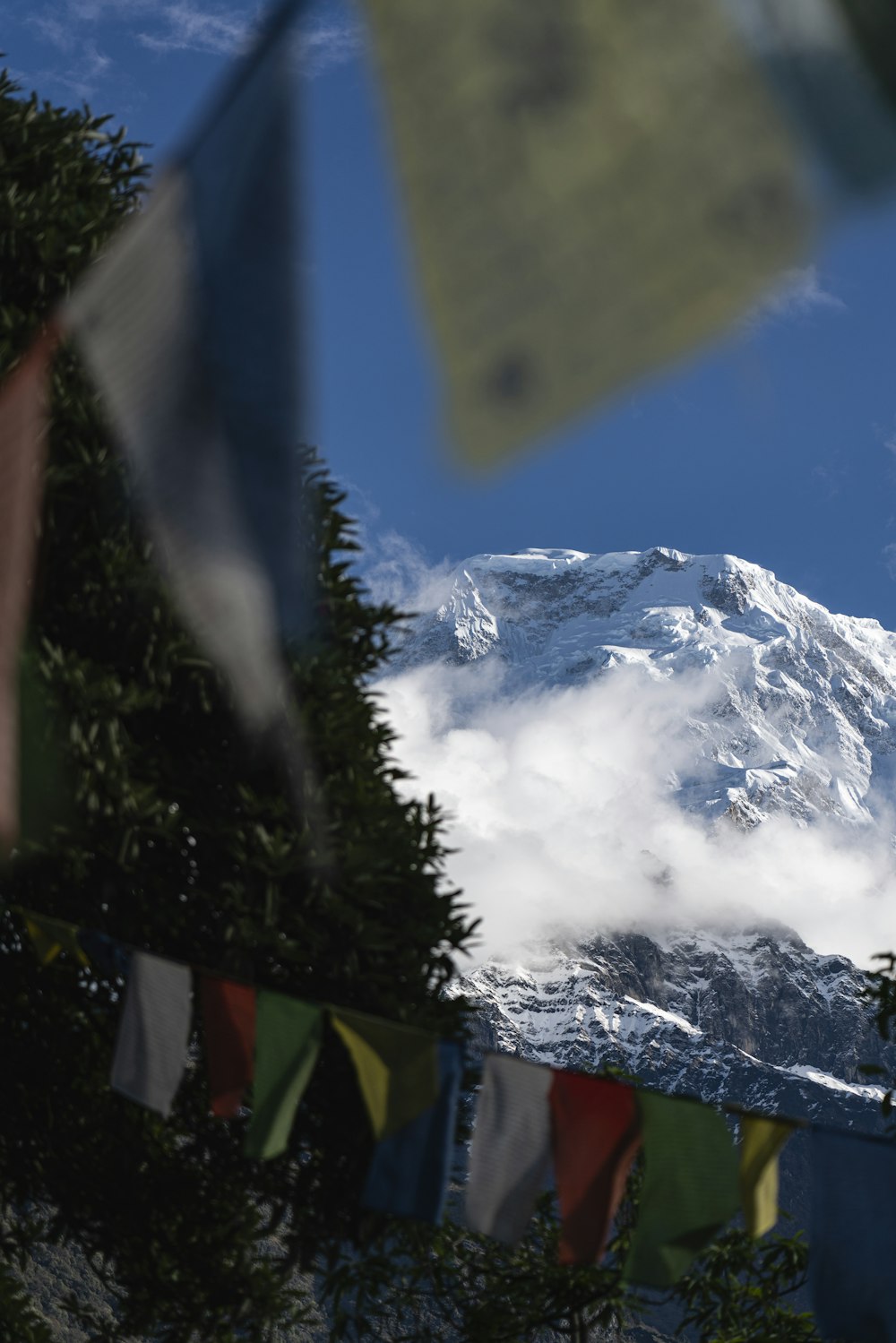 uma vista de uma montanha coberta de neve através de uma janela
