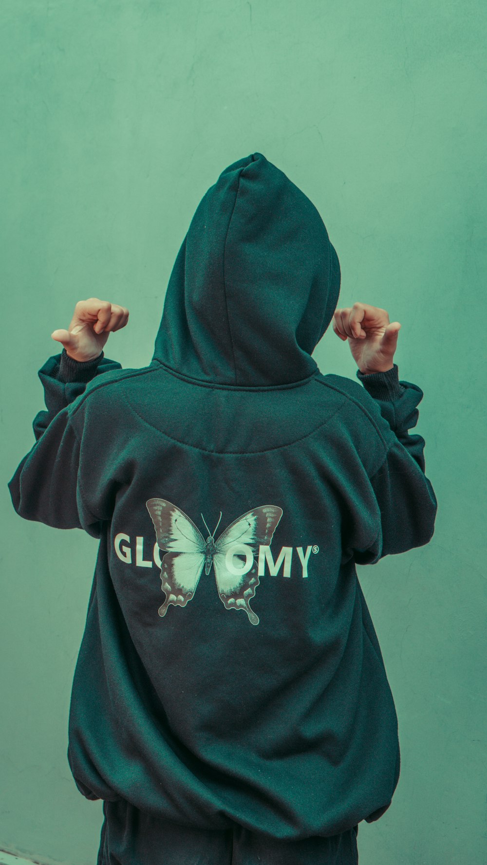 a person wearing a green hoodie with a butterfly on it