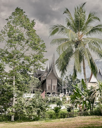 Traditional Minangkabau architecture is featured prominently, surrounded by lush tropical trees and plants. The sky appears overcast, setting a moody atmosphere. The structure's distinctive pointed roof design is visible amidst a verdant landscape.