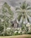 Traditional Minangkabau architecture is featured prominently, surrounded by lush tropical trees and plants. The sky appears overcast, setting a moody atmosphere. The structure's distinctive pointed roof design is visible amidst a verdant landscape.