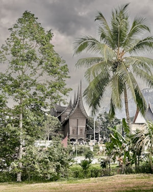 Traditional Minangkabau architecture is featured prominently, surrounded by lush tropical trees and plants. The sky appears overcast, setting a moody atmosphere. The structure's distinctive pointed roof design is visible amidst a verdant landscape.