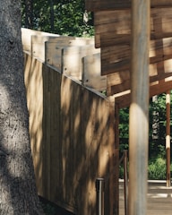 Wooden structure with a simple, modern design, surrounded by lush green foliage. Sunlight filters through the trees, casting shadows on the wood. A large tree trunk is prominent in the foreground.