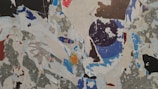 A collage of torn and layered paper with various colors, textures, and shapes. Peeling pieces reveal multiple layers underneath, creating a chaotic yet intriguing visual. Elements include solid blocks of color, abstract shapes, and snippets of text. The surface appears weathered and textured, likely due to prolonged exposure to the elements.