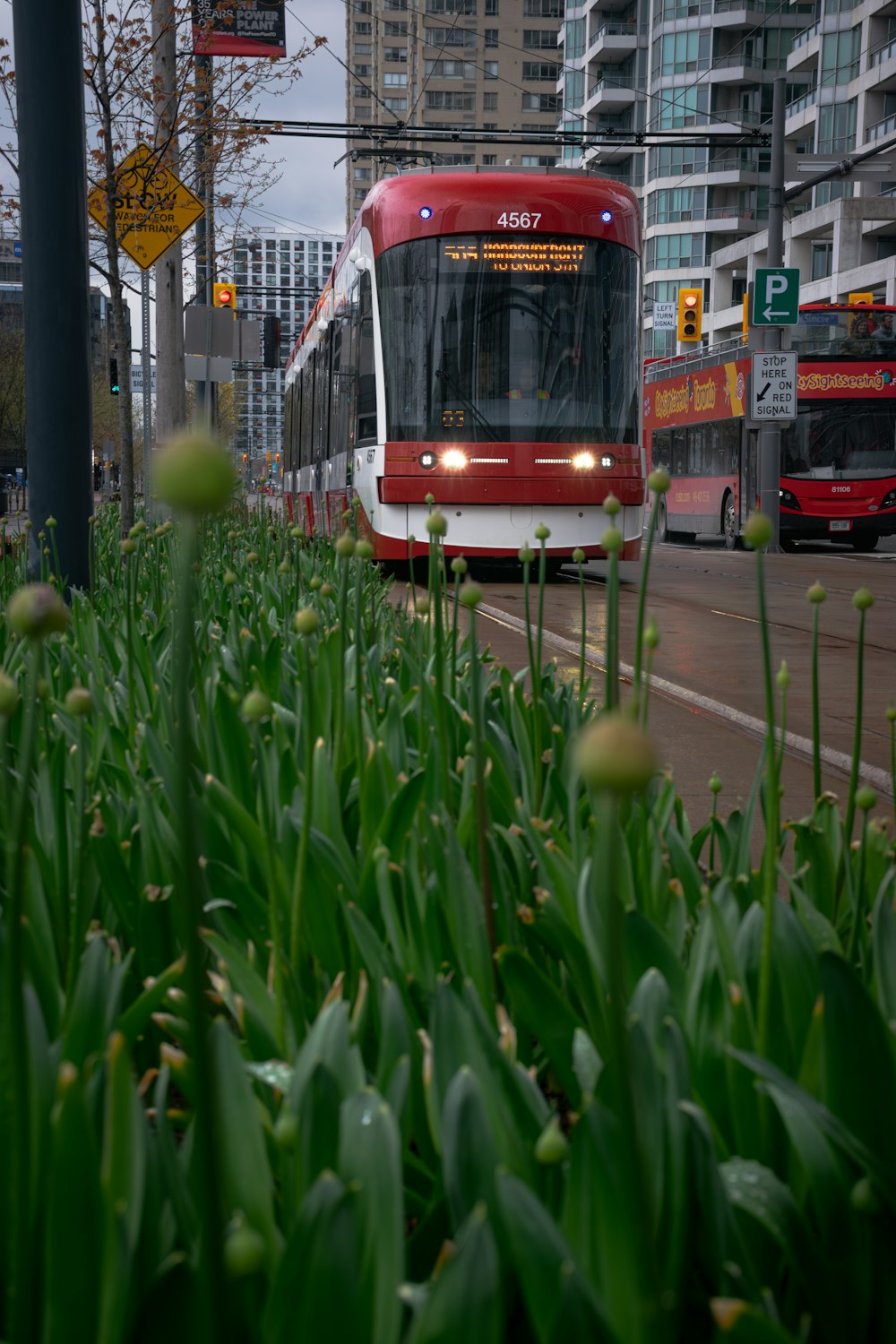 um ônibus vermelho e branco dirigindo por uma rua ao lado de edifícios altos