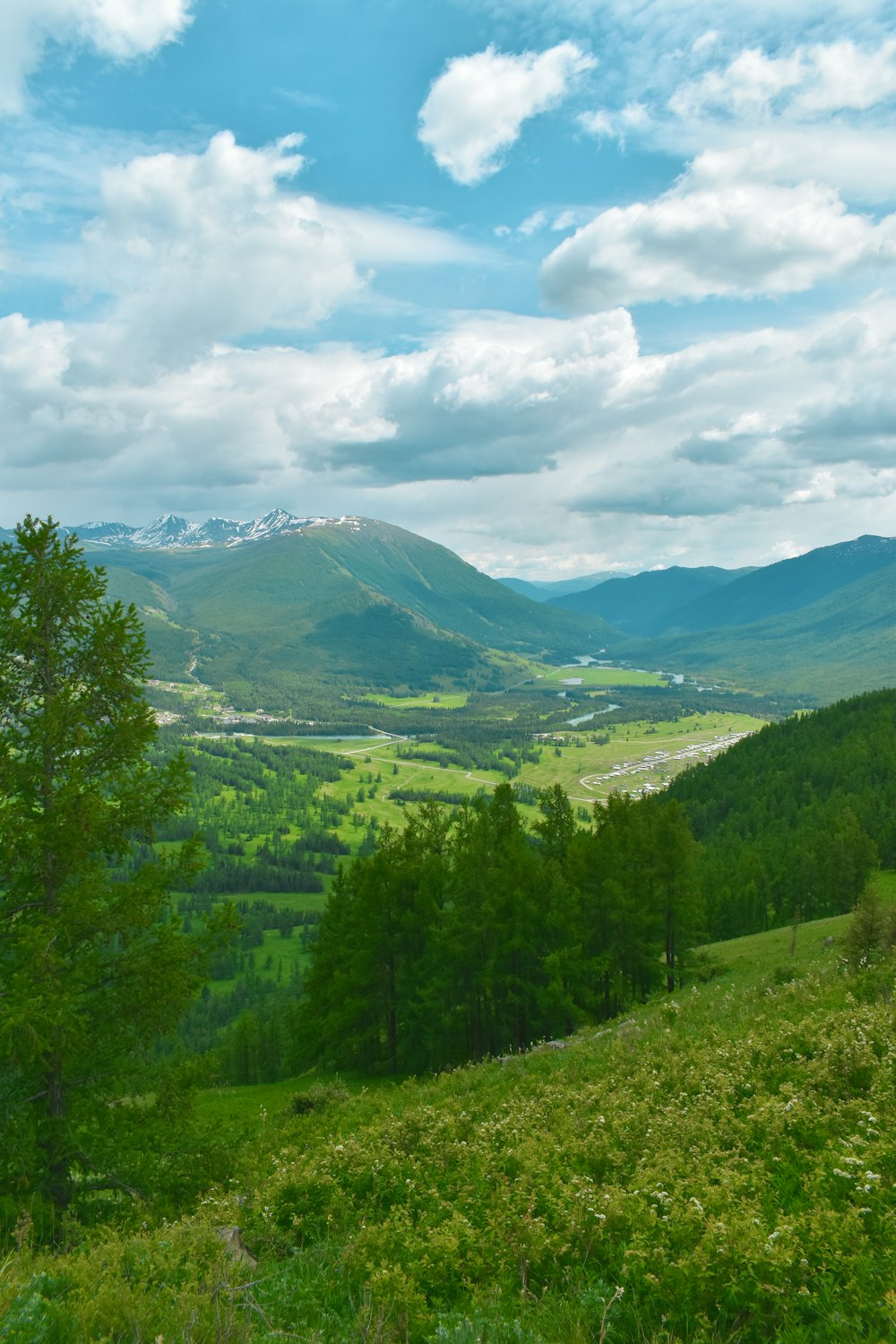 a view of a valley with mountains in the background