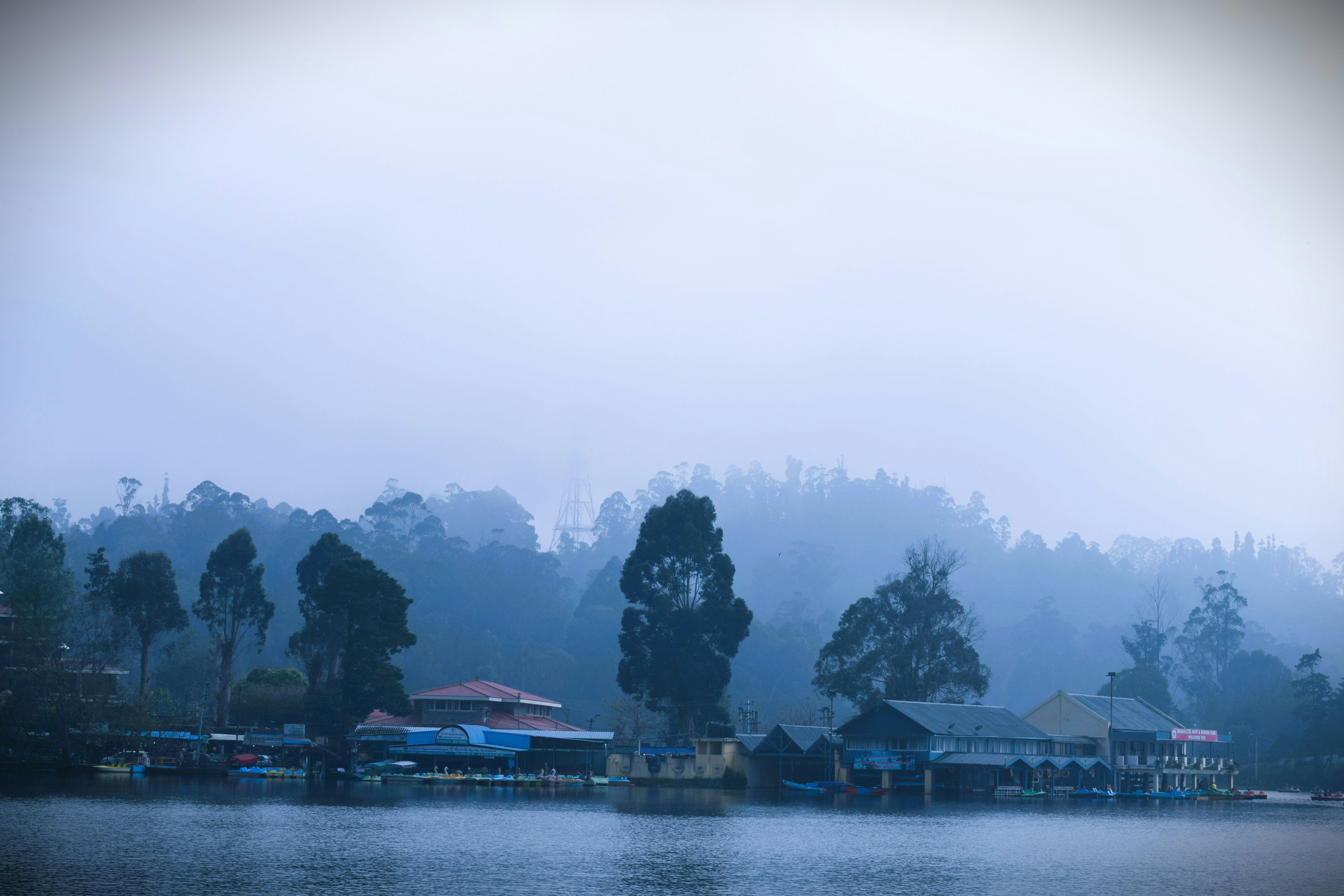 a body of water surrounded by trees and buildings, 