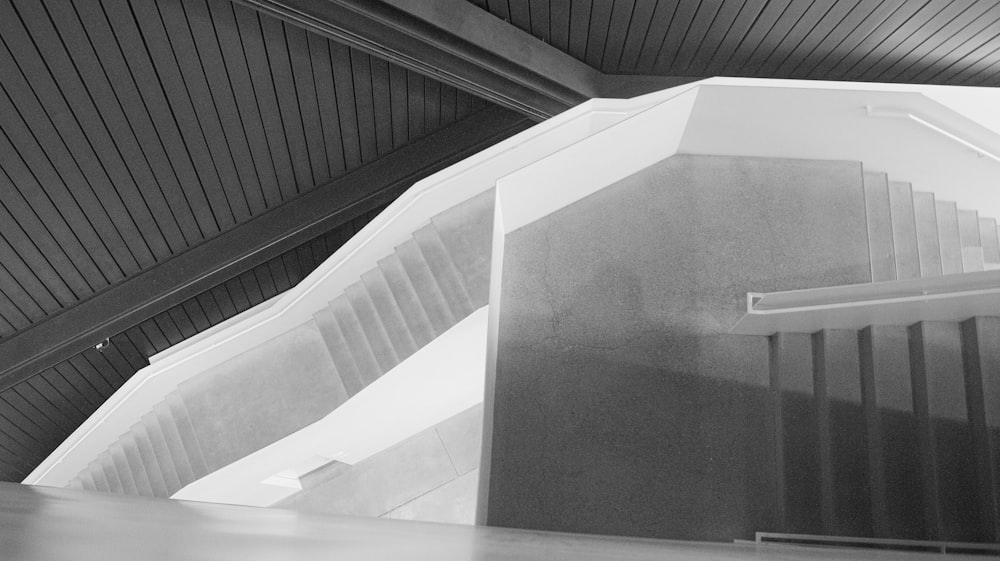 a black and white photo of a staircase