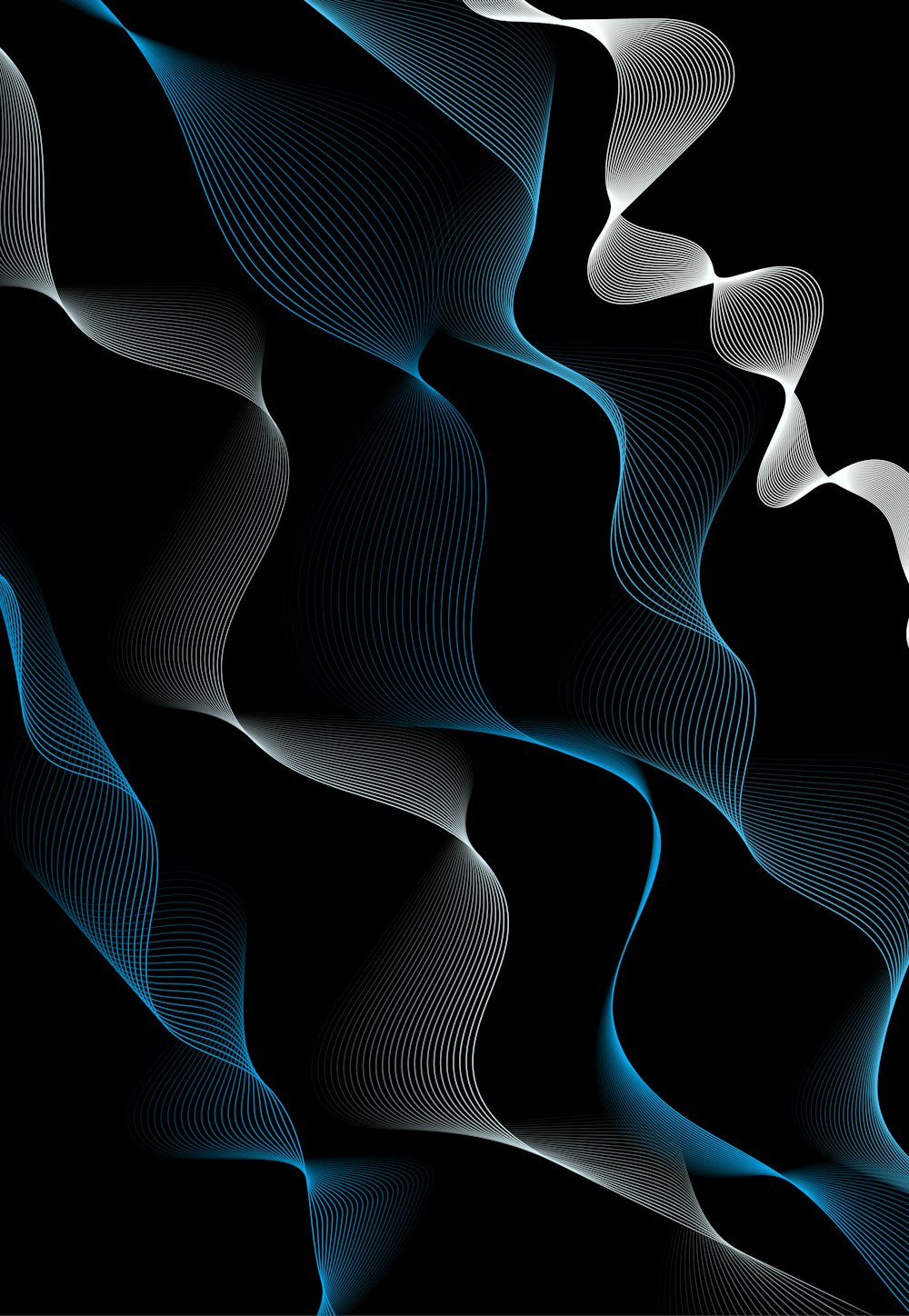 a black background with blue and white wavy lines
