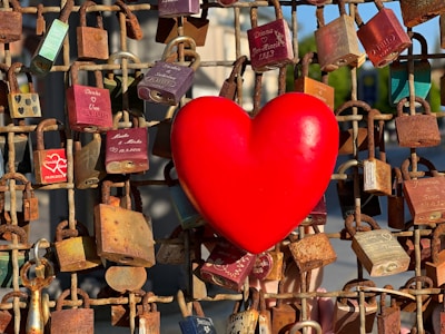 A large red heart is prominently displayed among numerous padlocks attached to a metal fence, symbolizing love and commitment. The padlocks vary in color and condition, some appearing rusty, with names and dates inscribed on them.