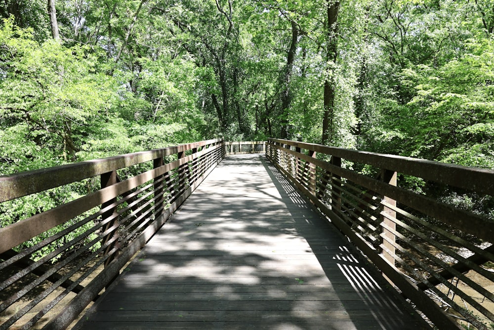 a wooden bridge in the middle of a forest