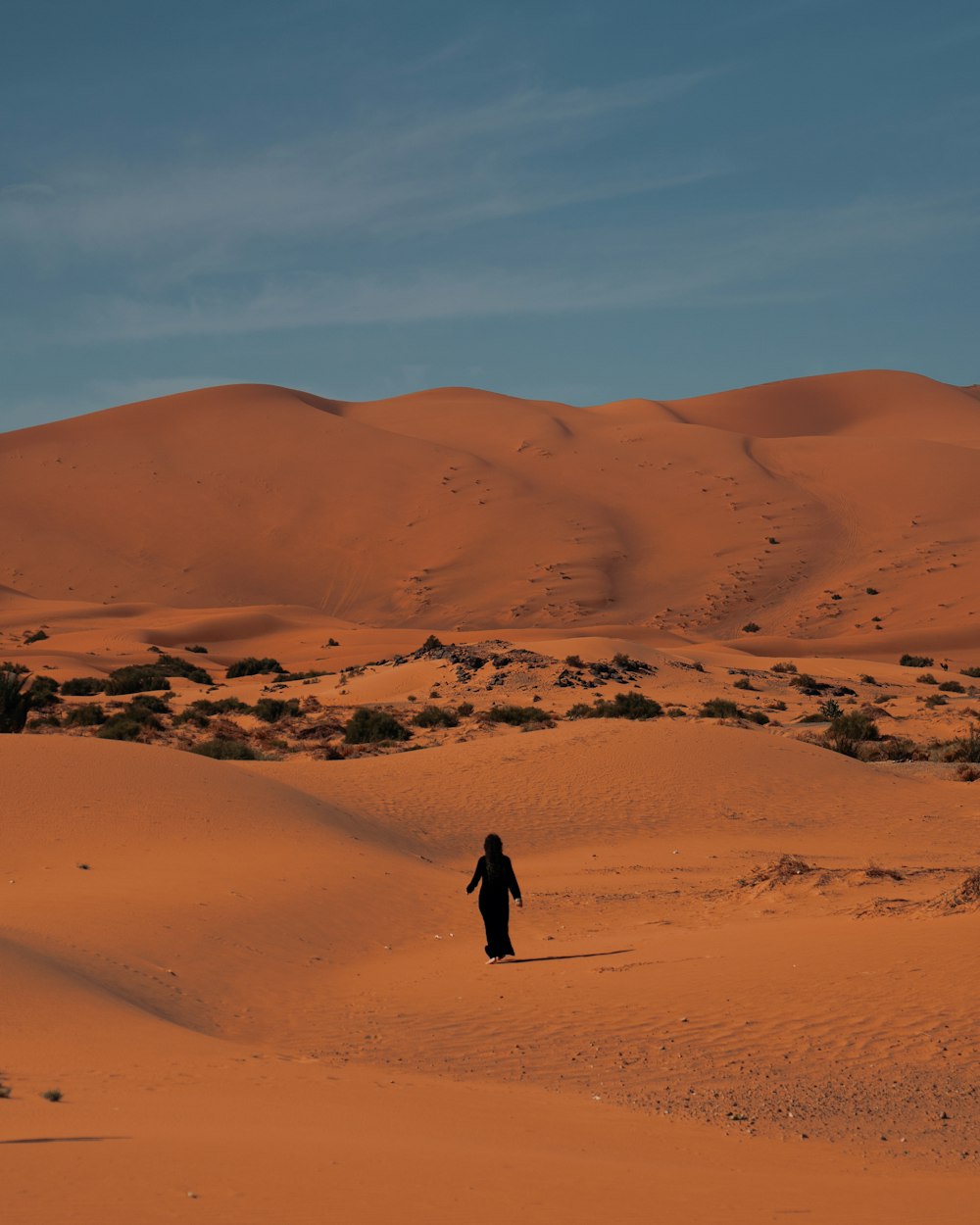 사막의 모래밭을 가로질러 걷는 사람