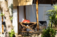 A cozy outdoor setting features a cushioned wicker chair and a red barbecue grill set against a natural backdrop. The scene is partially shaded by trees, and the dappled sunlight adds a tranquil ambiance.
