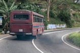 An old, red bus with visible signs of wear travels along a winding rural road surrounded by lush greenery. The bus emits dark exhaust smoke as it navigates the curve. Vegetation, including a large tree and various plants, is abundant along the roadside, adding to the rustic charm of the scenery. Signage and posters are visible on the side, hinting at local culture or businesses.