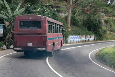 An old, red bus with visible signs of wear travels along a winding rural road surrounded by lush greenery. The bus emits dark exhaust smoke as it navigates the curve. Vegetation, including a large tree and various plants, is abundant along the roadside, adding to the rustic charm of the scenery. Signage and posters are visible on the side, hinting at local culture or businesses.