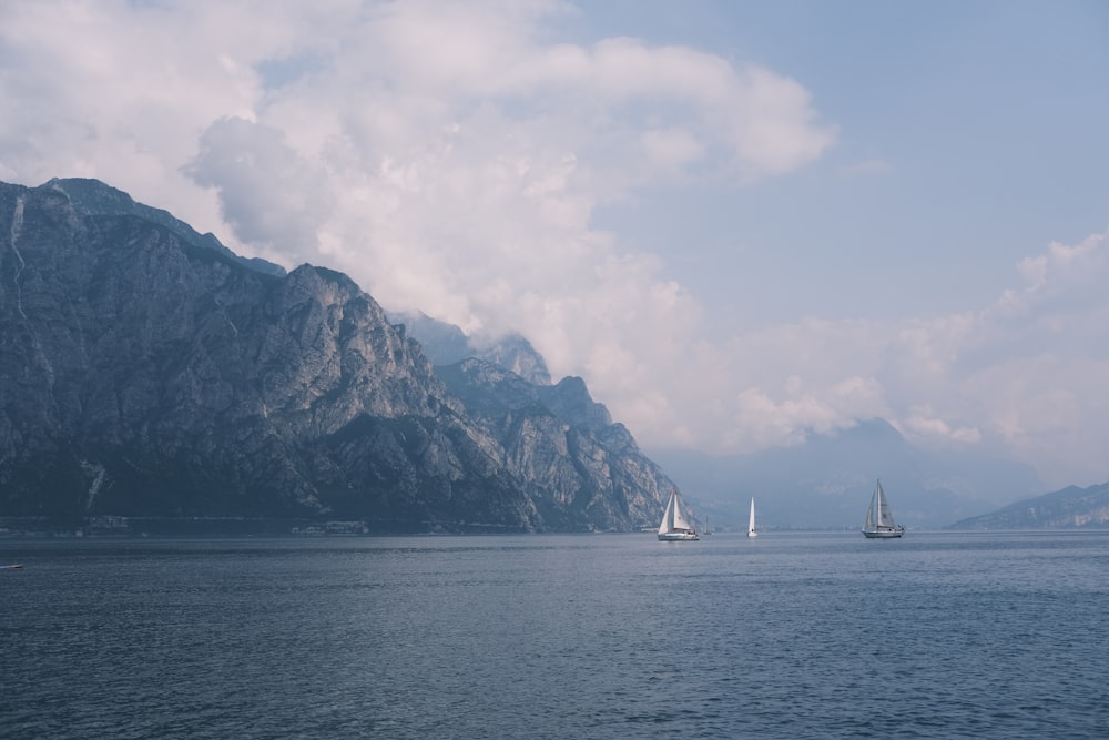 a group of sailboats floating on top of a large body of water