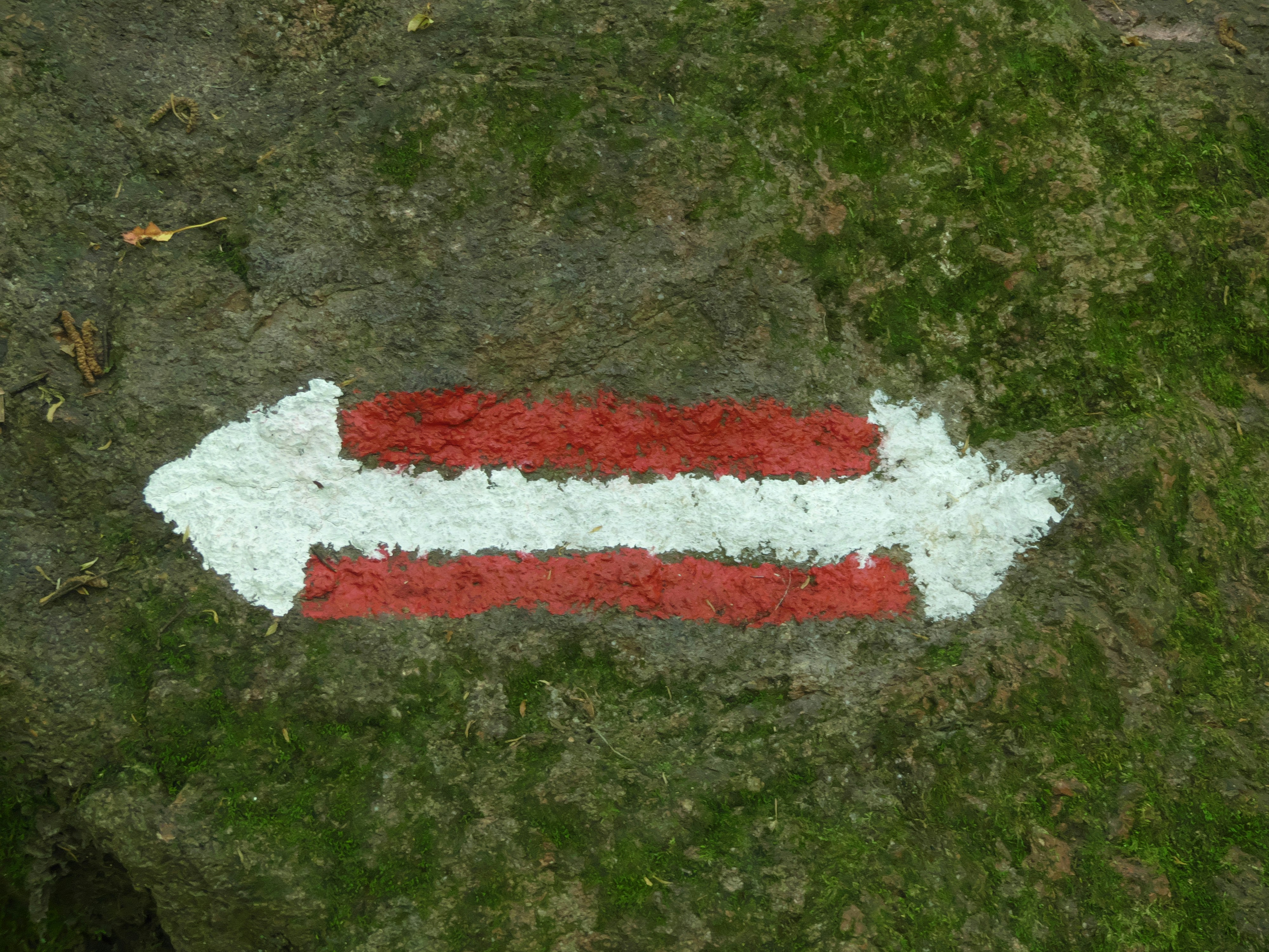 A red and white arrow painted