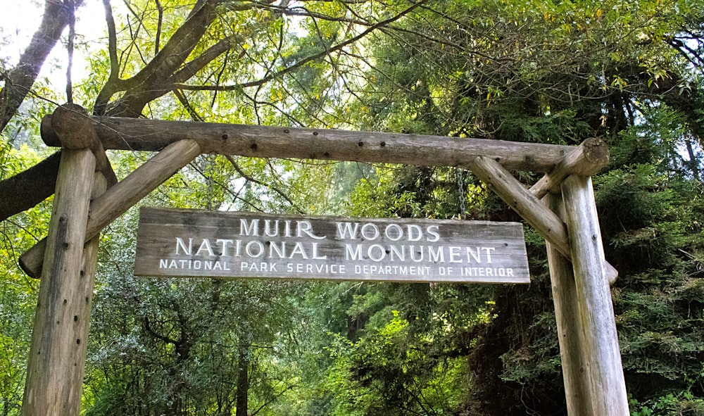 un panneau en bois qui se trouve au milieu d’une forêt