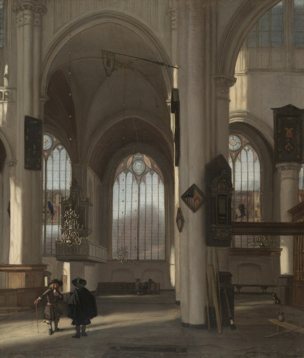 uma pintura de uma igreja com um casal de pessoas