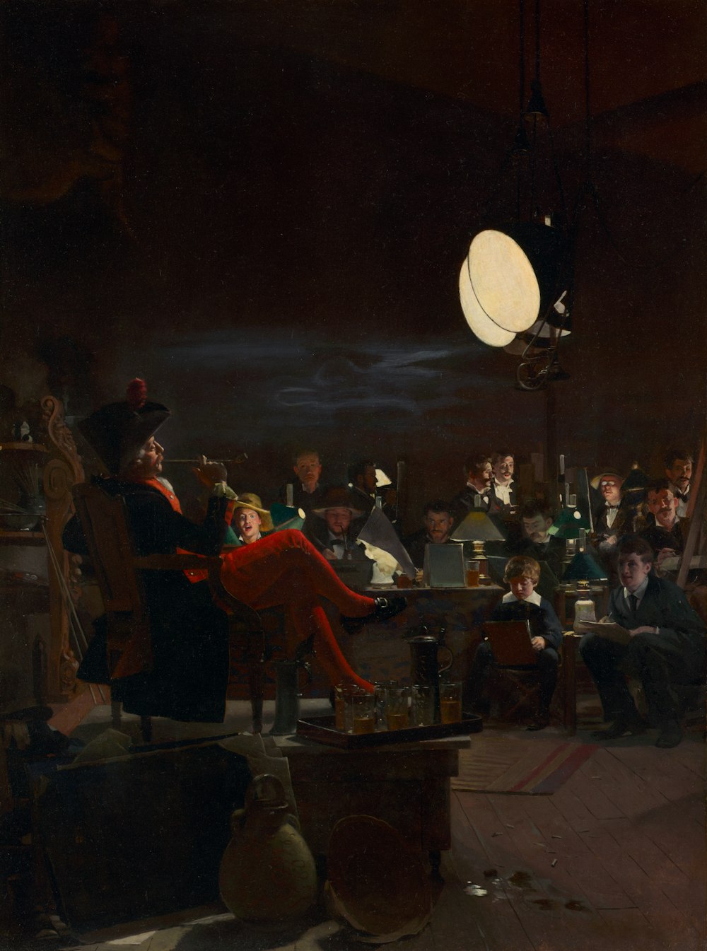 a painting of a man sitting in a chair in front of a group of people