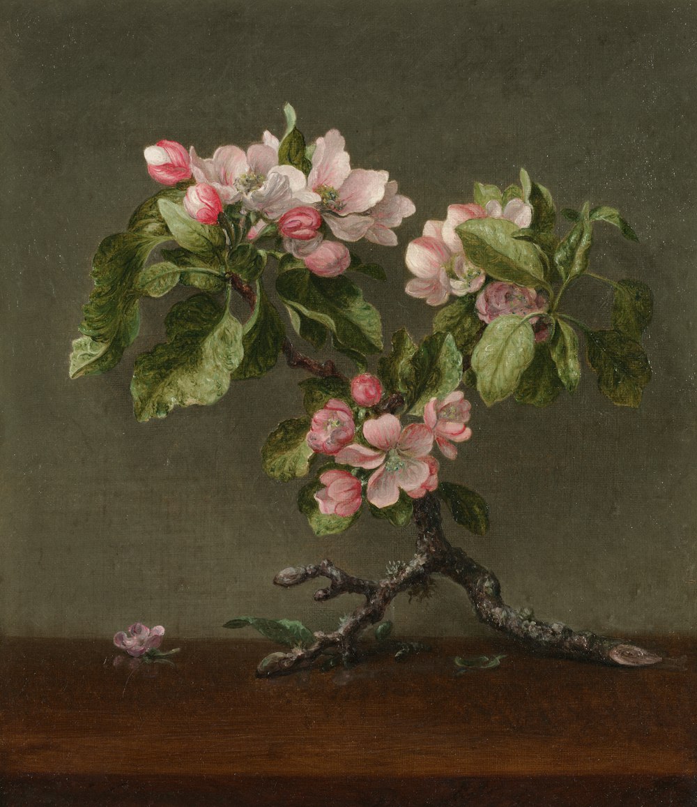 a painting of pink flowers in a vase on a table