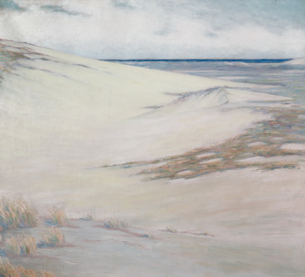 Una pintura de un paisaje nevado con un fondo de cielo