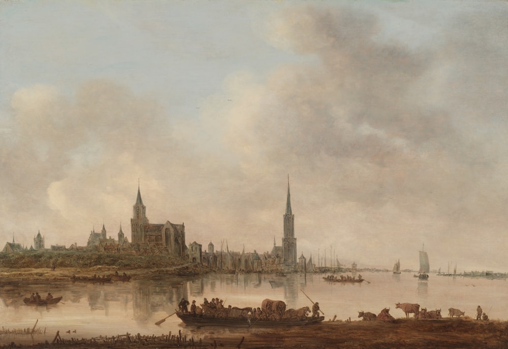 uma pintura de um rio com uma cidade ao fundo