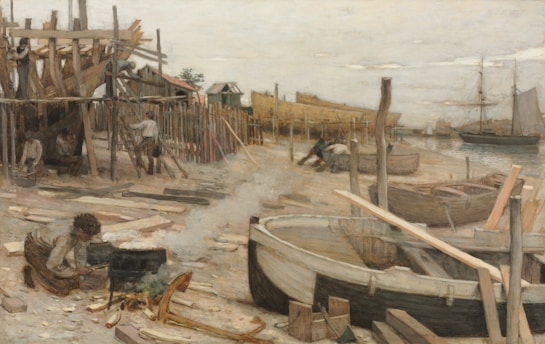 A detailed scene of a shipyard with workers actively engaged in various tasks. Wooden structures and scaffolding are prominently visible, with the hull of a ship under construction. Several boats and wooden planks are scattered around the area. Workers are seen in different positions, some building while others tend to smaller tasks like working the fire in the foreground. In the background, ships are anchored along the water.
