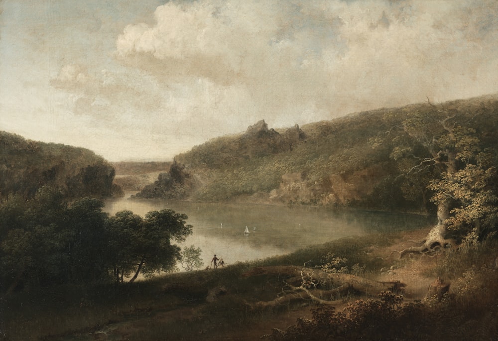 a painting of a mountain lake with a man on a horse