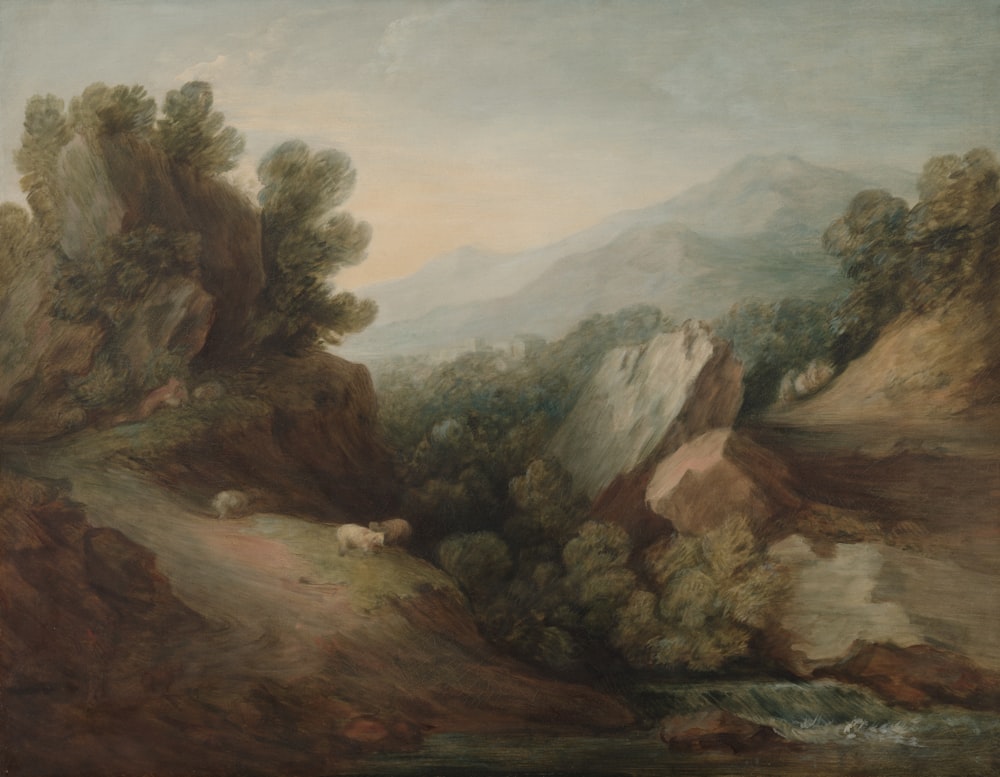 a painting of a mountain scene with sheep