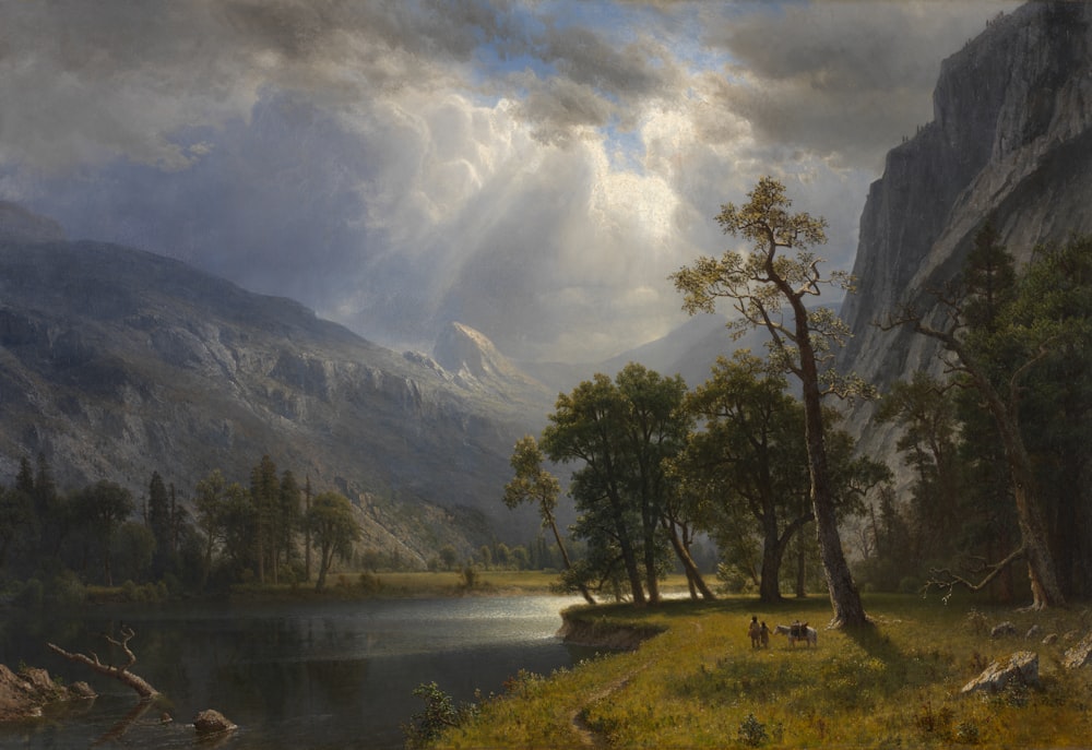 a painting of a mountain scene with a lake