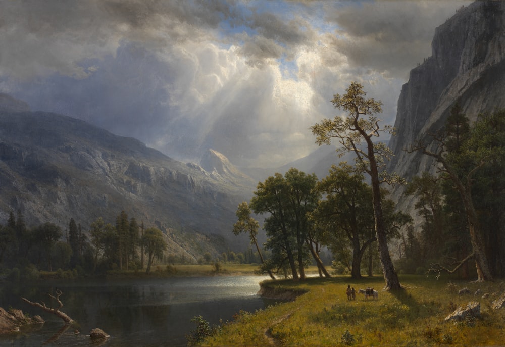Una pintura de una escena de montaña con un lago