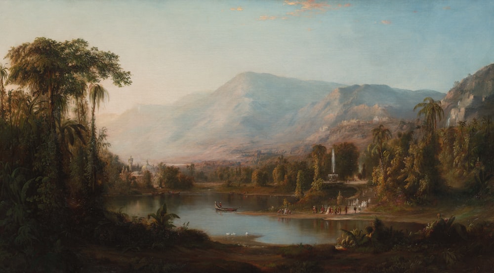 a painting of a river with a mountain in the background