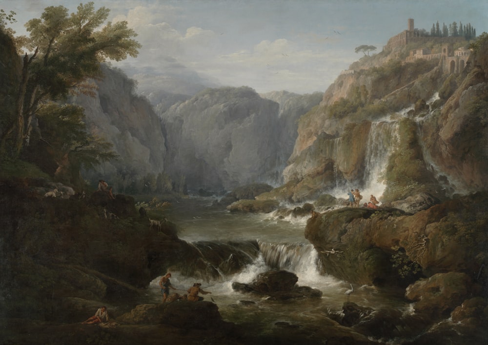 a painting of a waterfall with people in it