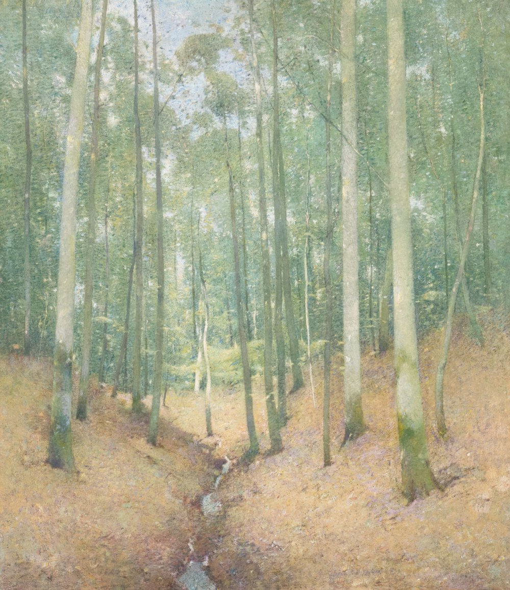 a painting of a path through a forest