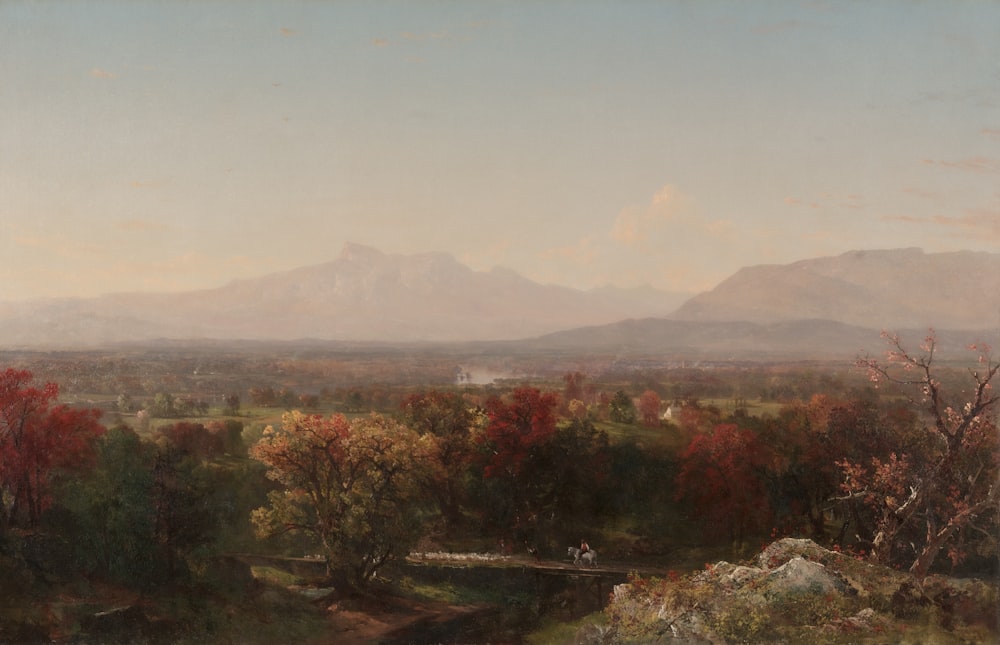 a painting of a landscape with mountains in the background