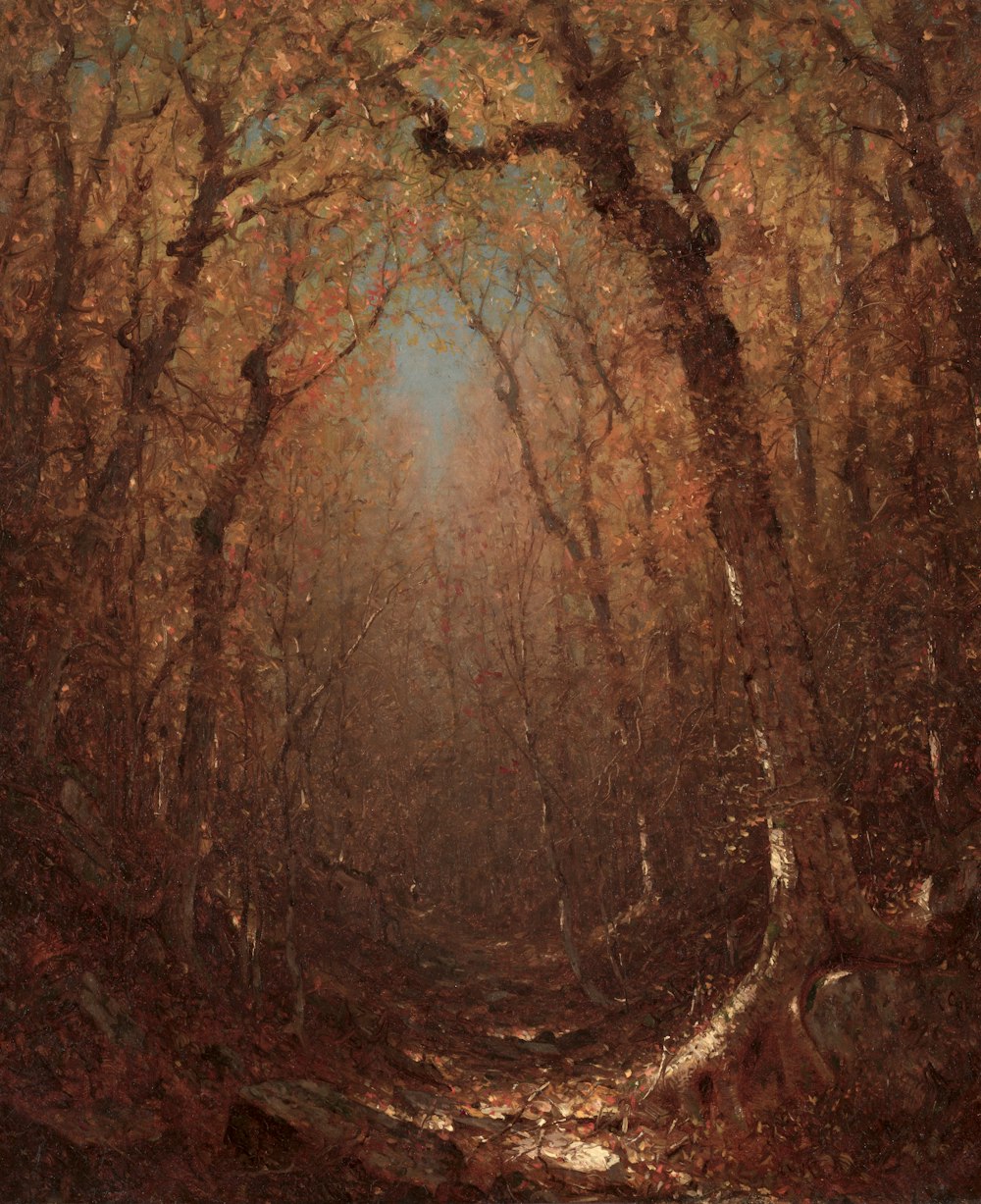 a painting of a path through a forest