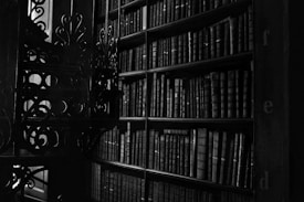 A dimly lit library corner with tall bookshelves filled with numerous old books. Ornate metalwork with intricate patterns is visible in the forefront, casting shadows across the scene. The overall atmosphere suggests a sense of history and antiquity.