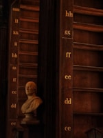 A classical bust sculpture placed in front of a large, dark wooden bookcase with rows of shelves labeled with alphabetic letters. The lighting is dim, creating a warm and historical atmosphere.
