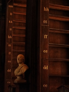 A classical bust sculpture placed in front of a large, dark wooden bookcase with rows of shelves labeled with alphabetic letters. The lighting is dim, creating a warm and historical atmosphere.